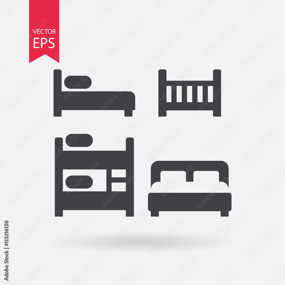 Bed icons set. Collection of of different black silhouette beds. Signs Isolated on white on background. Flat design. Bed icons set. Collection of of different black silhouette beds. Signs Isolated on white on background. Flat design.