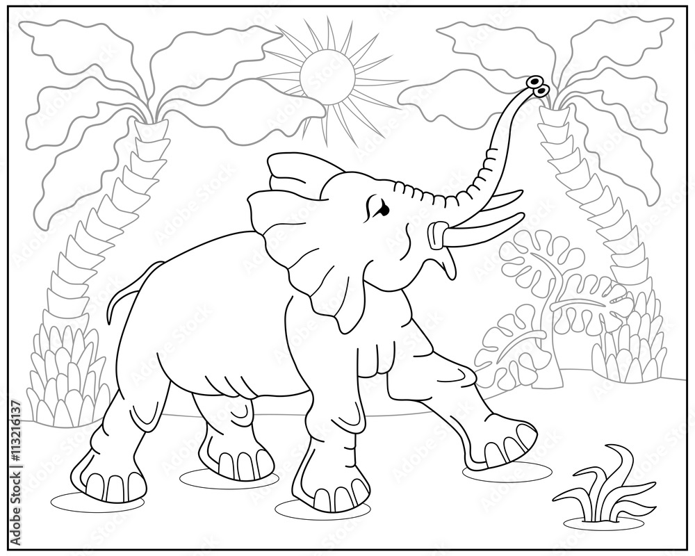 Naklejka premium Coloring book or page with elephant, palms and exotic plants. Vector illustration.