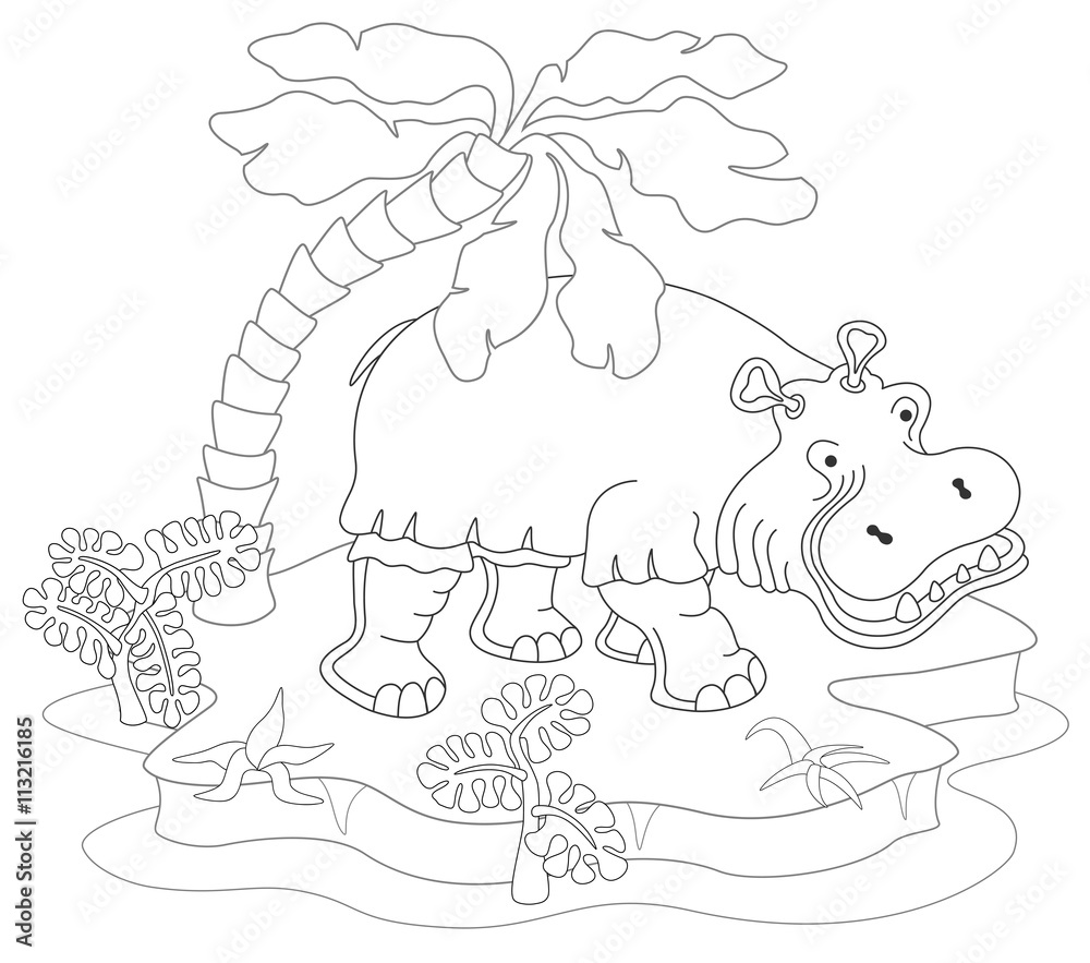 Obraz premium Coloring book or page with hippopotamus, island, palm and exotic plants. Vector illustration.