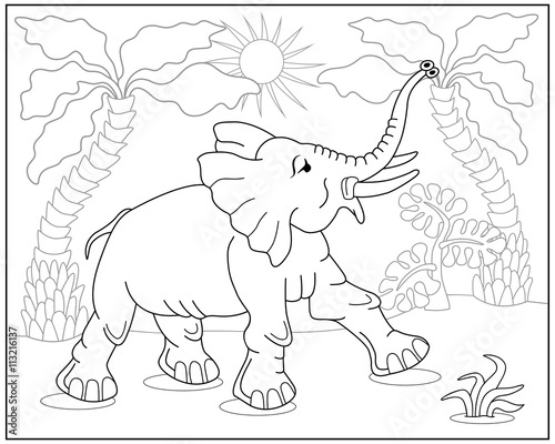 Coloring book or page with elephant, palms and exotic plants. Vector illustration.