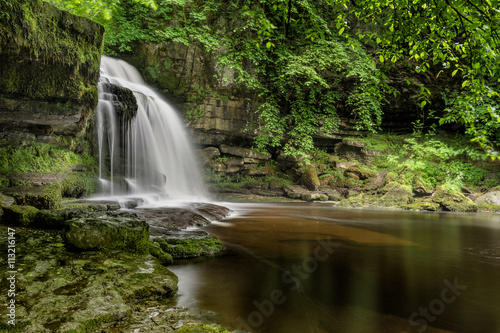 Peaceful remote waterfall in a woodland forest in the Yorkshire Dales, UK.