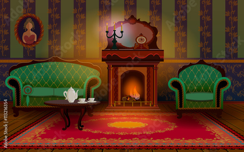 Home interior with fireplace, sofa and armchair in the living room. On the table in the living room are the cup of tea and white kettle.