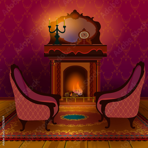 Old English Victorian living room. Interior with a fireplace and two armchairs.