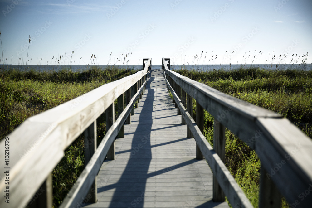 Wooden footbridge leading to sea across swamp Wooden footbridge leading to sea across swamp