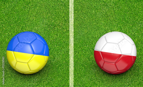 Team balls for Ukraine vs Poland football tournament match  3D rendering
