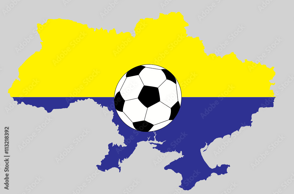 Fototapeta premium Vector Ukraine topographic map isolated on grey background with football ball icon. Ukraine flag and borders of country. Flat style design. Ukrainian border contour. Original colors flag. Group C