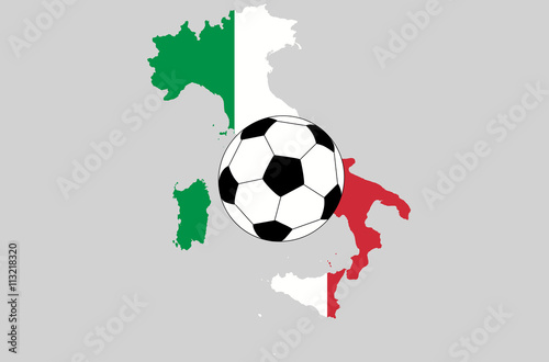 Fototapeta Naklejka Na Ścianę i Meble -  Vector Italy topographic map isolated on grey background with football ball icon. Italy flag and borders of country. Flat style design. Italian republic border contour. Original colors flag. Group A