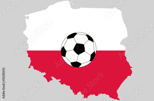 Vector Poland topographic map isolated on grey background with football ball icon. Polish flag and borders of country. Flat style design. Poland border contour. Original colors flag. Group C