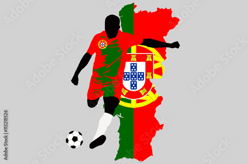 UEFA Euro 2016 vector illustration of football player run hit ball. Group F participant Soccer team player in uniform with state national flag of Portugal original color. Portugal map graphic clip art