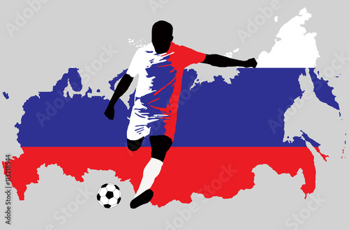 UEFA Euro 2016 vector illustration of football player run hit ball. Group B participant. Soccer team player in uniform with state national flag of Russia original colors. Russia map graphic clip art
