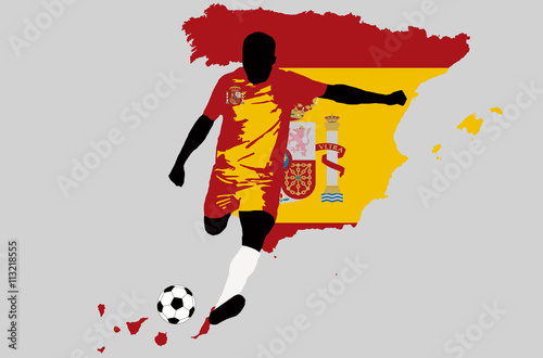 UEFA Euro 2016 vector illustration of football player run hit ball. Group D participant Soccer team player in uniform with state national flag of Spain original color. Spain map graphic clip art
