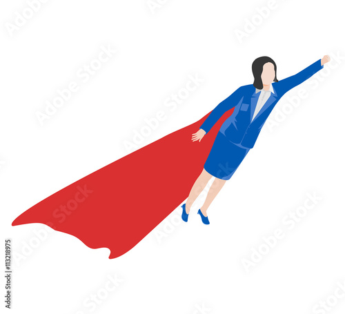 Business woman with a superhero cape flying in the isometric view. A woman in a blue business suit.
