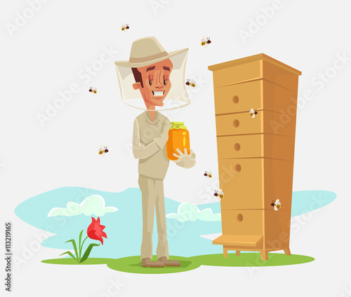 Beekeeper. Bee uly. Apiary. Bee garden. Vector flat cartoon illustration