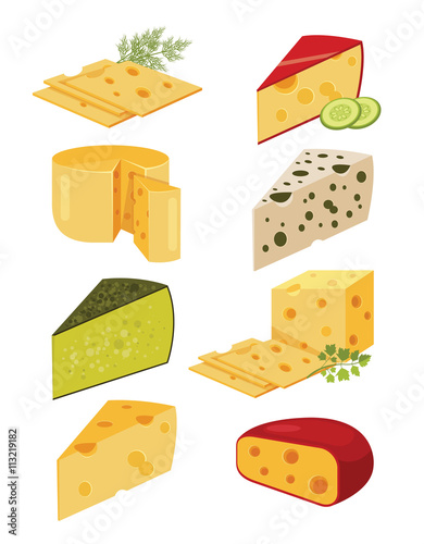 Piece of cheese. Slice cheese. Yellow cheese. Vector flat cartoon illustration set