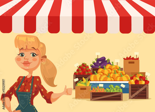 Farm food market. Woman farmer. Fresh food from farm. Vegetables shop. Vector flat cartoon illustration