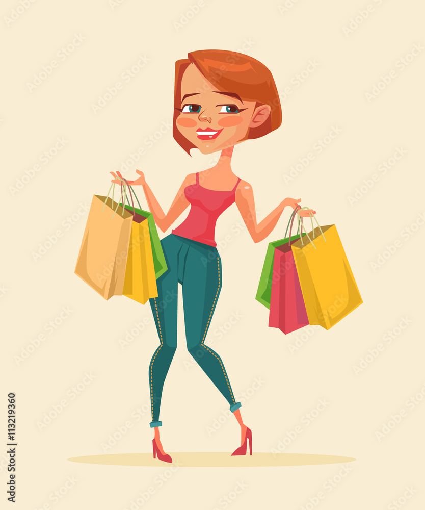 Woman shopping bags. Shopping sale. Shopping discount. Vector flat cartoon illustration Woman shopping bags. Shopping sale. Shopping discount. Vector flat cartoon illustration