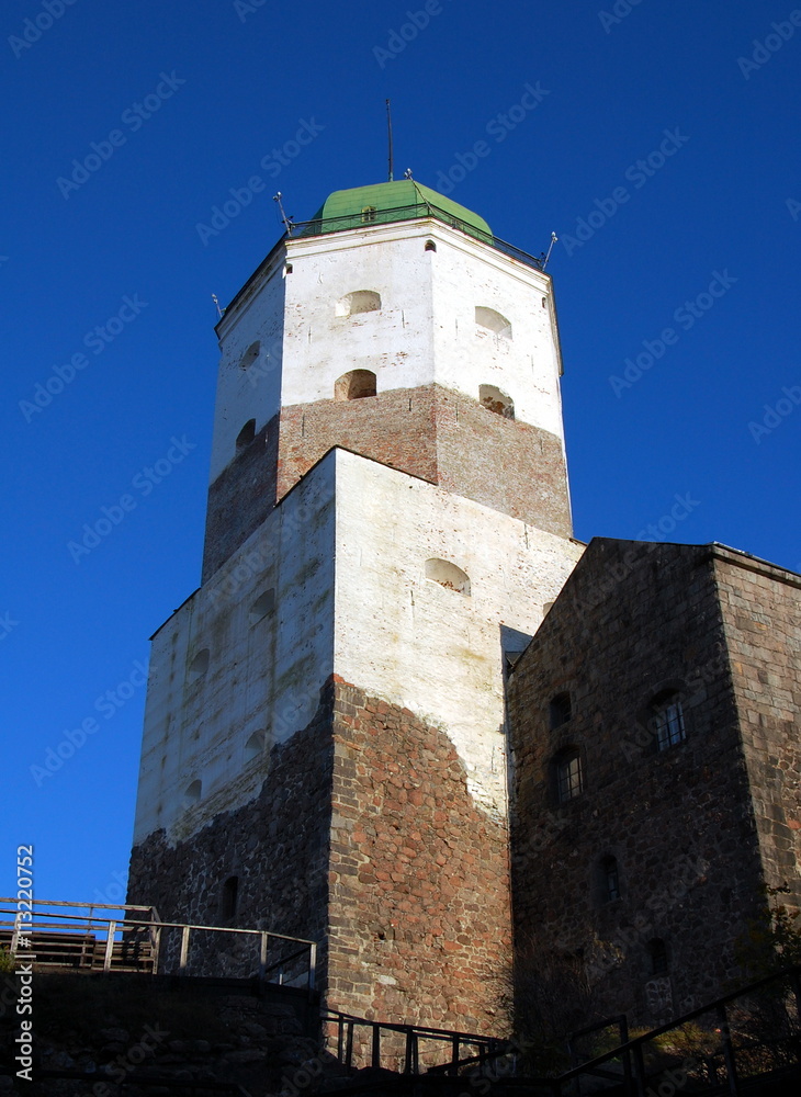 View of the tower of St. Olaf in Vyborg castle. Vyborg city, Russia 