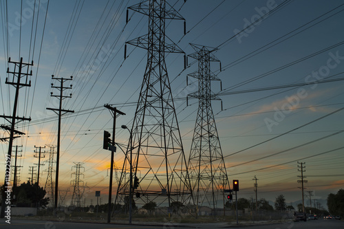 Silhouette of electricity pylons,