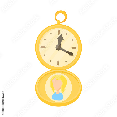 Golden pocket watch icon, cartoon style
