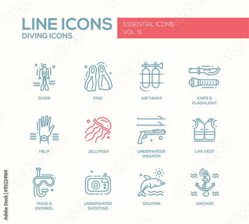 Scuba Diving line design icons set photo