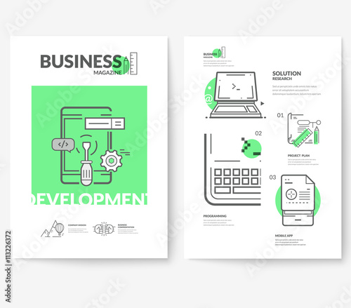Business brochure flyer design layout template, with concept icons:
Mobile development.