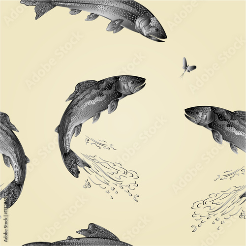 Seamless texture American brook trout salmon-predatory fish as wrought metal vintage vector illustration
