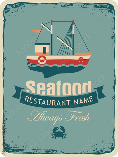 Retro banner for a restaurant or seafood store with fishing boats and crab