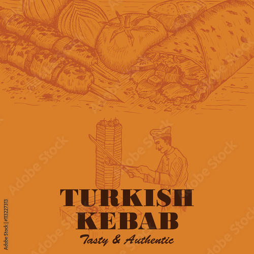 Drawing of doner kebab and shish kebabs with chef slicing meat for kebab as a background