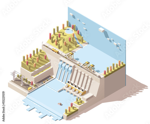 Vector isometric hydro power plant infographic