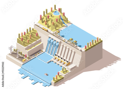 Vector isometric hydro power plant infographic