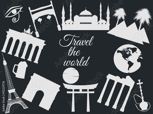 Travel the world, world landmarks, travel and tourism background. Around the world. 