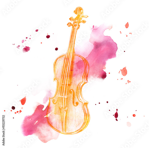 Fototapeta Pencil drawing of golden colored vintage violin on watercolor backround