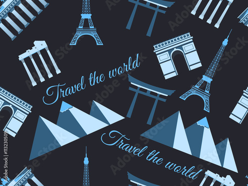 Landmarks seamless pattern seamless pattern wonders, architecture seamless pattern. Travel the world, world landmarks. Travel and tourism background.