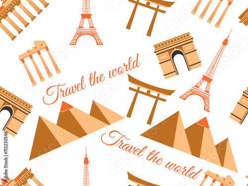 Landmarks seamless pattern seamless pattern wonders, architecture seamless pattern. Travel the world, world landmarks. Travel and tourism background.