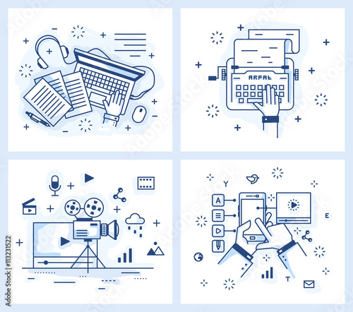 Set of vector illustrations in modern linear style, text editing, publishing, typewriter and a laptop,