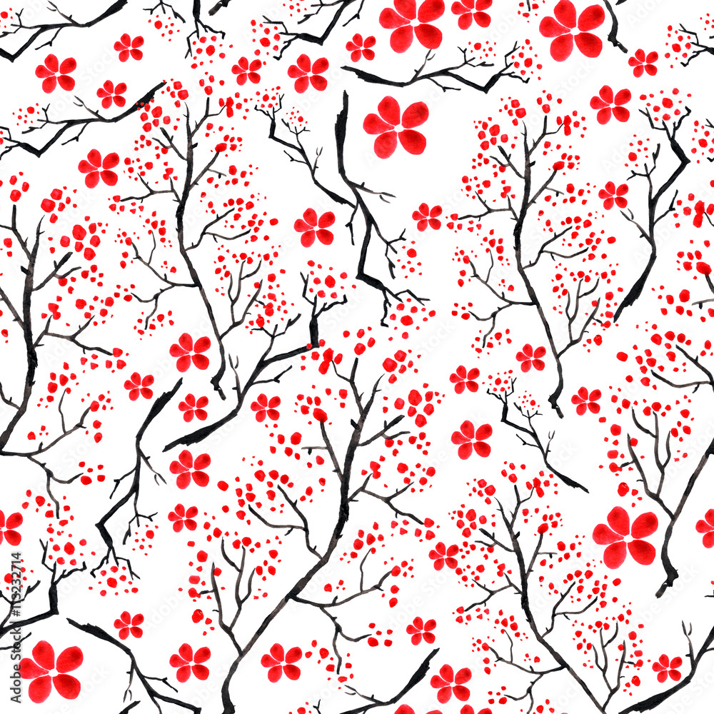     Vintage watercolor pattern - decorative branch cherries, cherry, plants, flowers, elements. It can be used in the design, packaging, textiles and so on. 