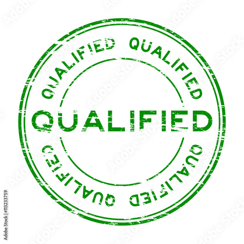 Grunge green qualified stamp on white background