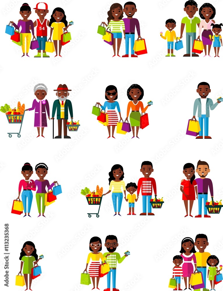 Vector illustration african american people, family in the shop.