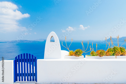 Fototapeta Naklejka Na Ścianę i Meble -  Architecture - gate with flower pots on the whitewashed street, Oia, Santorini, Greece