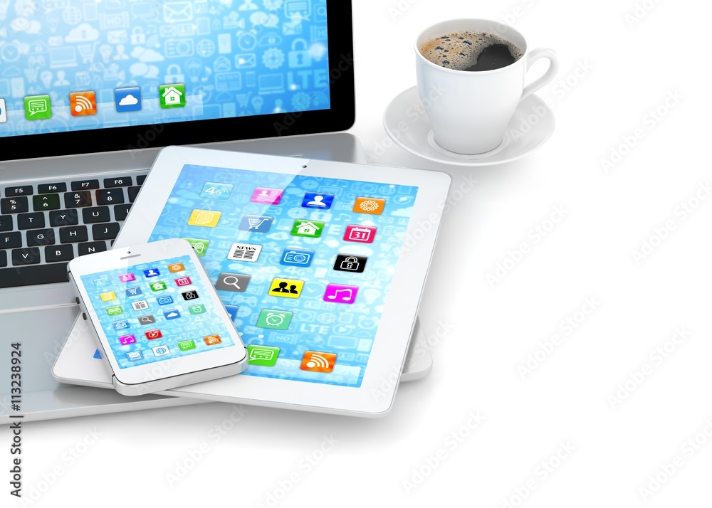 Laptop, phone and tablet pc. 3d rendering. Laptop, phone and tablet pc. 3d rendering.