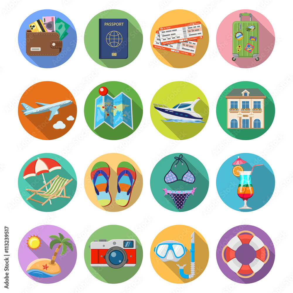 Vacation and Tourism Flat Icons Set