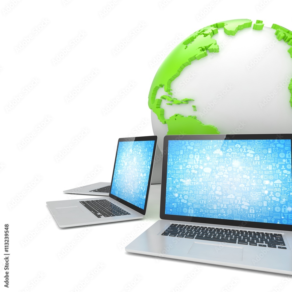 Laptop network around earth globe. 3d render Laptop network around earth globe. 3d render