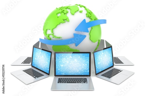 Laptop network around earth globe. 3d render