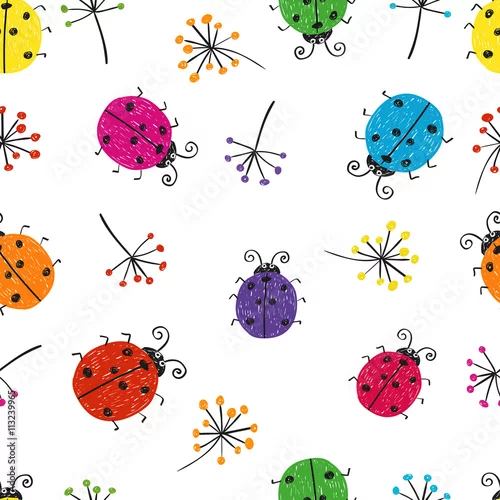 Fototapeta Wzór z błędami kolorowe bazgroły. Tło z słodkie biedronki.