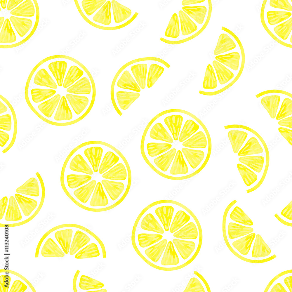 Watercolor lemon seamless pattern. Vector background with lemon slices isolated on white. Citrus wallpaper. 