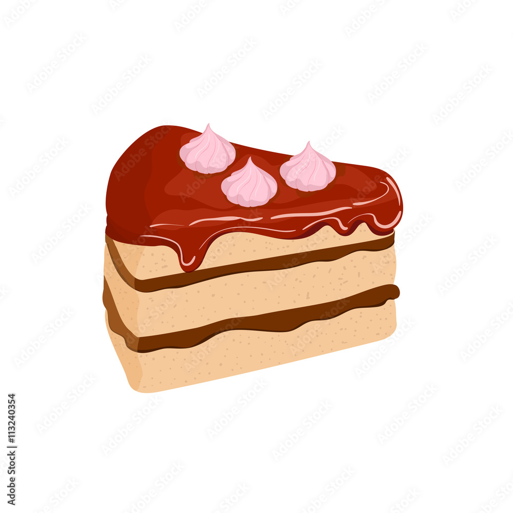 Piece of cake. Vector sliced portion of sponge cake with chocolate creamy layer, decorated with cherry cream Isolated image of a delicious tasty cake on white background for menu design, coffee Piece of cake. Vector sliced portion of sponge cake with chocolate creamy layer, decorated with cherry cream Isolated image of a delicious tasty cake on white background for menu design, coffee