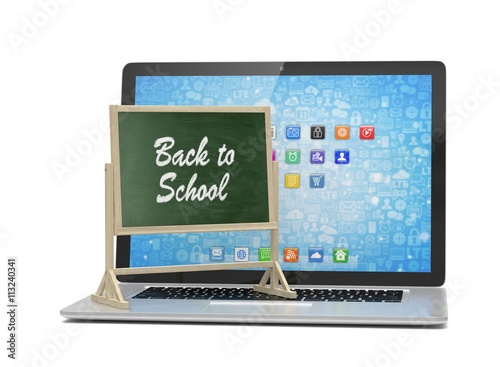 Laptop with chalkboard, back to school, online education concept. 3d rendering.