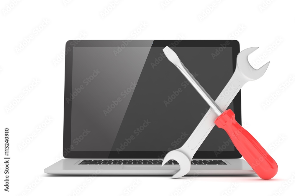 3D Illustration Wrench and screwdriver on laptop, service concept 3D Illustration Wrench and screwdriver on laptop, service concept
