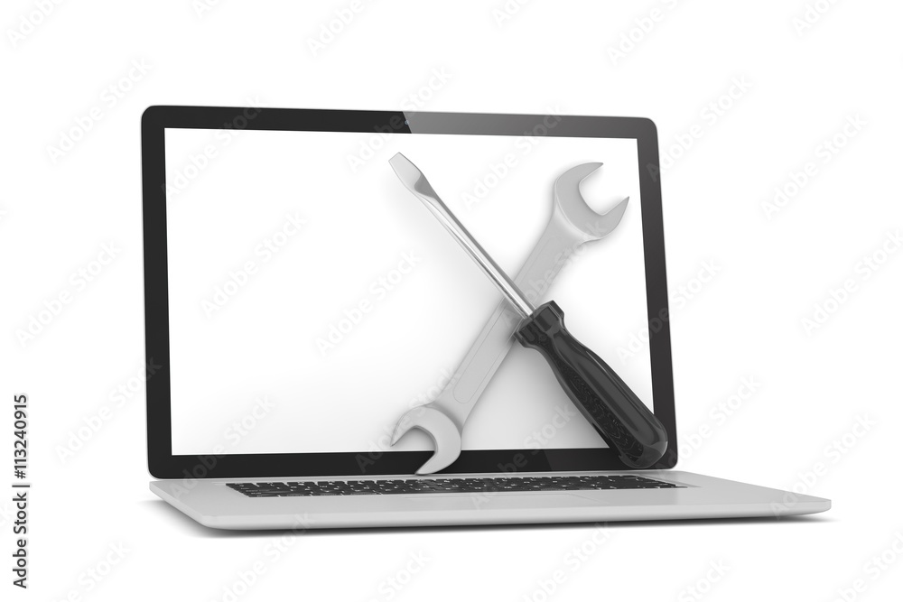 3D Illustration Wrench and screwdriver on laptop, service concept 3D Illustration Wrench and screwdriver on laptop, service concept