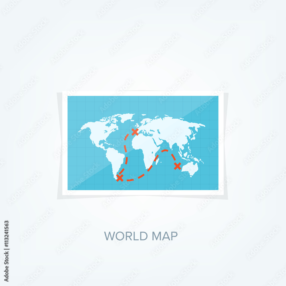 Naklejka premium World map in a flat style. Earth, globe. Navigation. Route and destination. Icon.